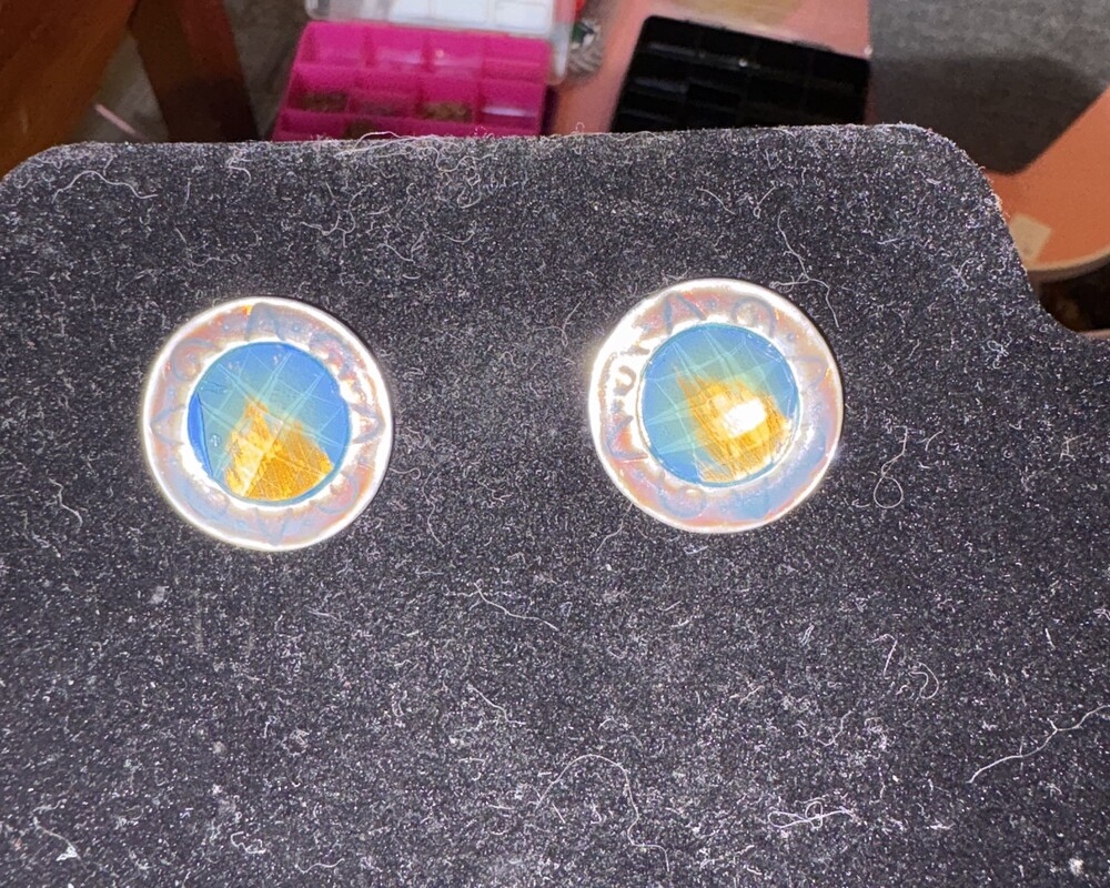 Silver-Tone Blue and Gold Round Earings